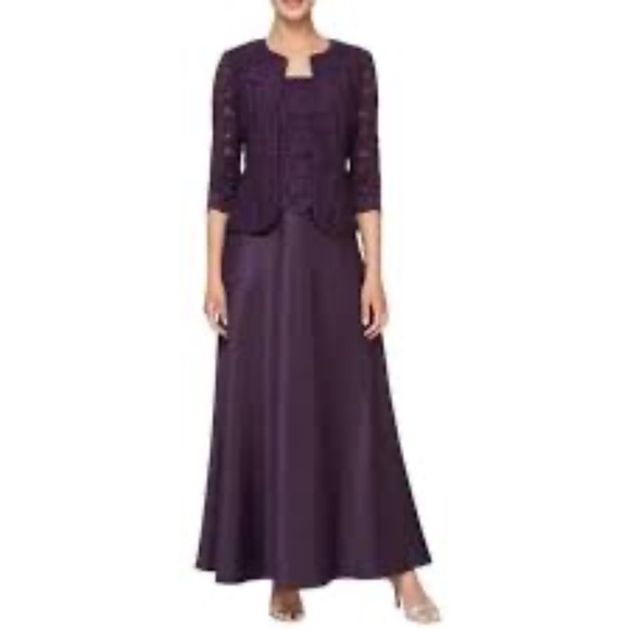 NWT Alex Evenings  Long Lace & Satin Jacket Dress Scoop Neck Bodice - size 10 - Picture 1 of 10